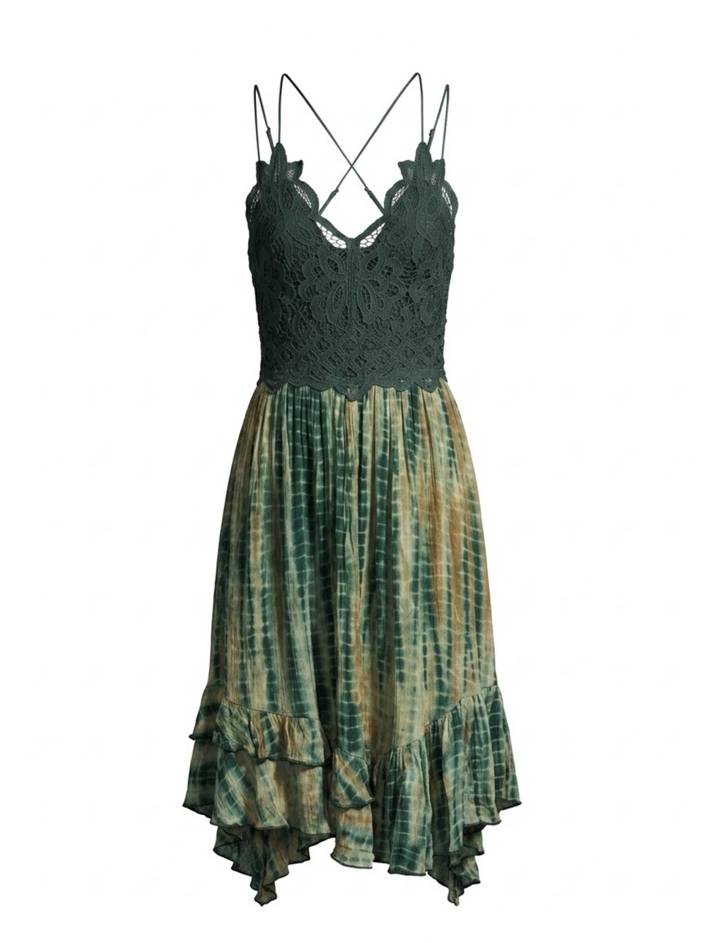 Free People FP One Adella Slip Dress Green Tie Dye Lace Asymmetrical M